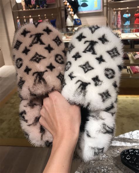 louis vuitton pink mink slippers|Louis Vuitton monogram fur slippers.